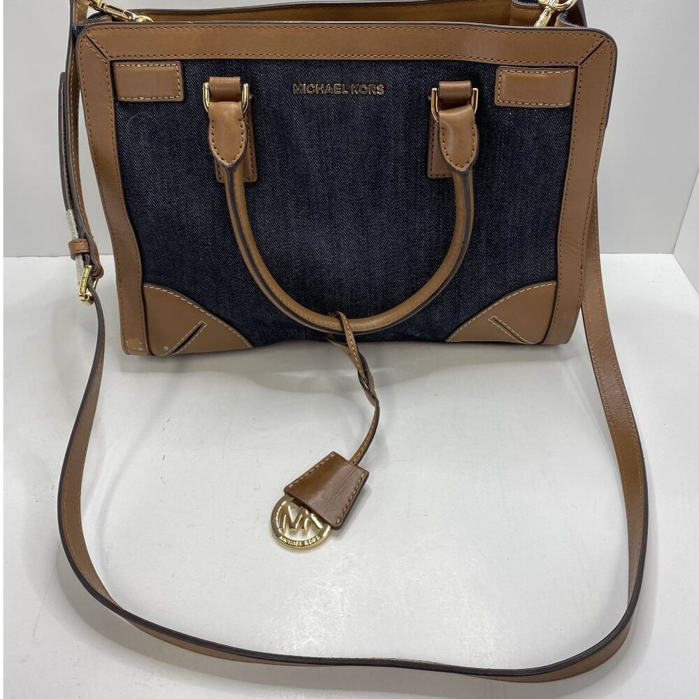 Michael Kors Womens Denim & Brown Leather Handbag With Gold MK Accent & Removabl